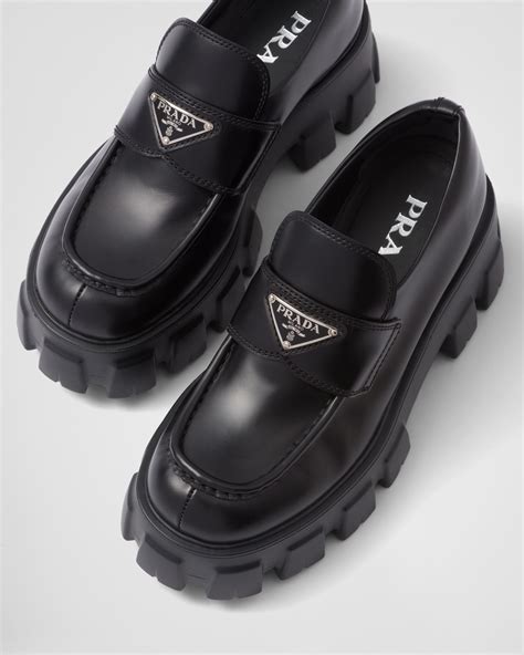 brushed leather monolith loafers prada|Prada monolith leather platform loafers.